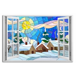 3D obraz Okno zimní vitráž, 90x60 cm