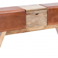Kožená lavica s dreveným boxom, 120 cm, hnedá - 1