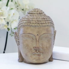 Soška Buddha hlava v dřevěném designu, 24 cm, světle hnědá