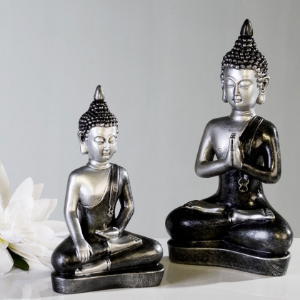 Soška Meditující Buddha, 29 cm, stříbrná/antracit - 1