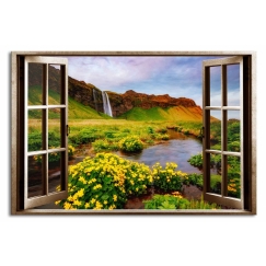 3D obraz Okno islandský vodopád, 60x40 cm