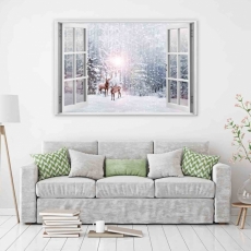 3D obraz Okno jelene v zime, 120x80 cm - 3