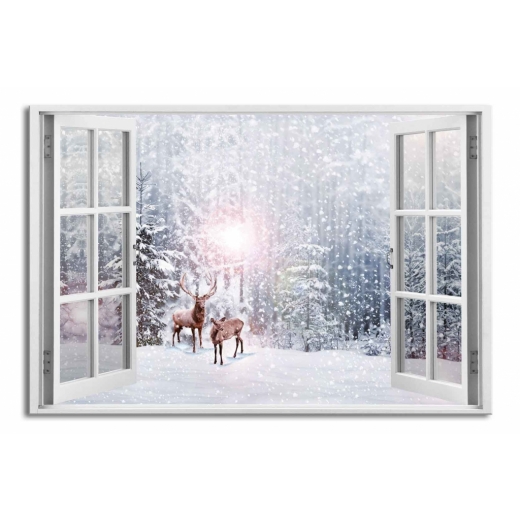 3D obraz Okno jeleni v zimě, 90x60 cm - 1