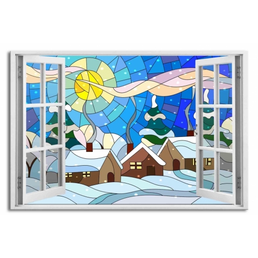 3D obraz Okno zimní vitráž, 60x40 cm - 1