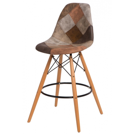 Barová stolička s drevenou podnožou Desire patchwork, hnedá - 1