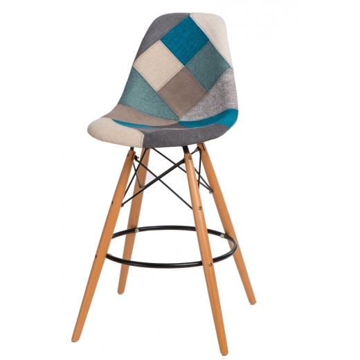 Barová stolička s drevenou podnožou Desire patchwork, modrá - 1