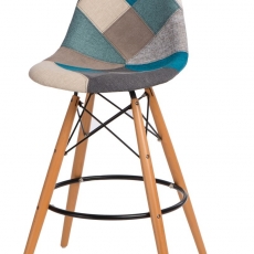 Barová stolička s drevenou podnožou Desire patchwork, modrá - 1