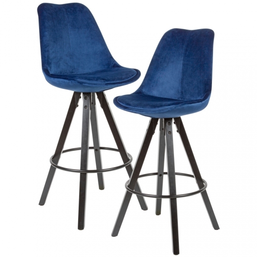 Barová stolička Steve (súprava 2 ks), zamat, modrá/čierna - 1