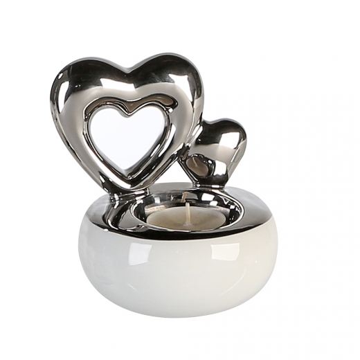 Čajový svícen keramický Hearts, 12 cm, bílá/stříbrná - 1
