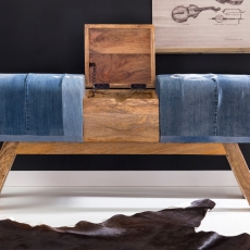 Denimová lavica s dreveným boxom, 120 cm, modrá - 4