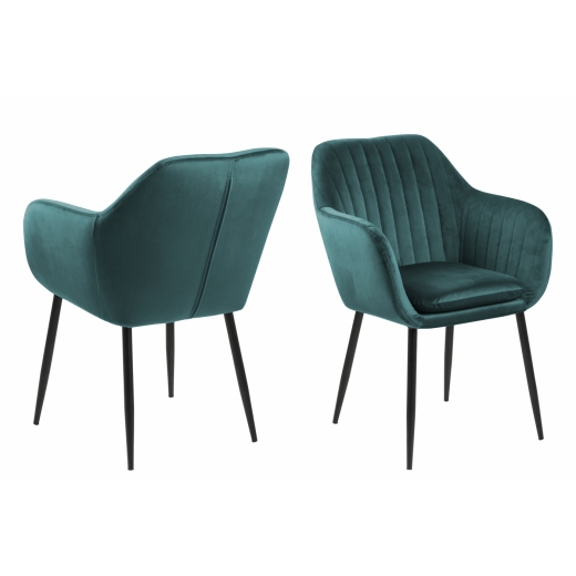 Jídelní židle s područkami Ema, samet, tmavě zelená / černá - 1