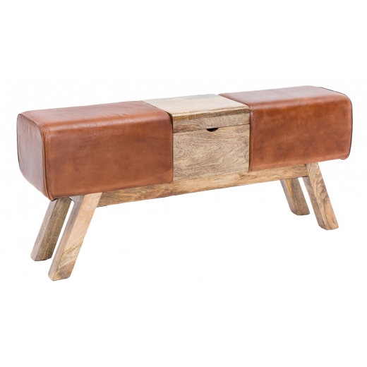 Kožená lavica s dreveným boxom, 120 cm, hnedá - 1