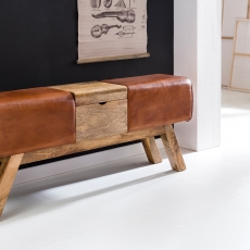 Kožená lavica s dreveným boxom, 120 cm, hnedá - 4
