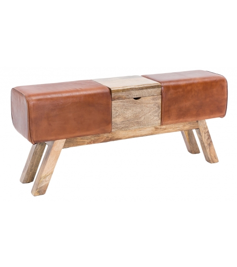 Kožená lavica s dreveným boxom, 120 cm, hnedá