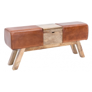 Kožená lavice s dřevěným boxem, 120 cm, hnědá