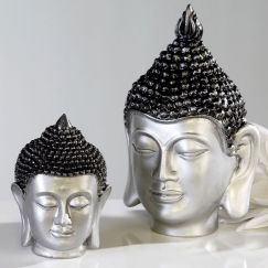 Soška Budha hlava, 16 cm, strieborná/antracit