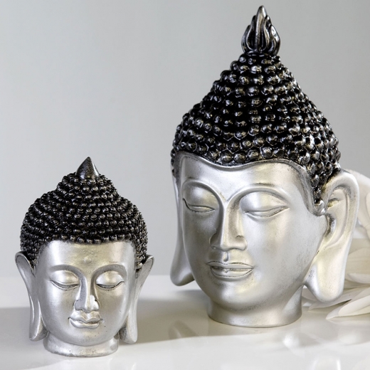 Soška Budha hlava, 26 cm, strieborná/antracit - 1